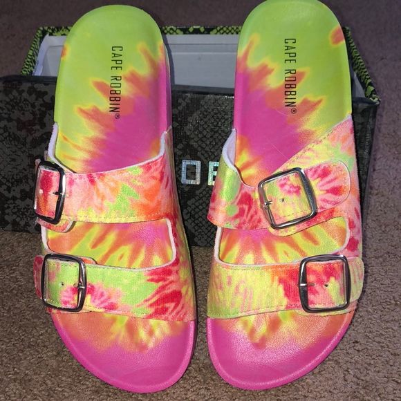 Cape Robbin Shoes - Cape Robbin tie dye pink yellow buckle slide sandal